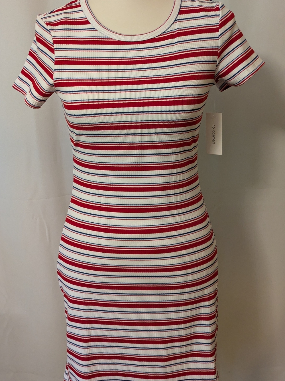 No Comment Striped Short-Sleeve Midi Dress in White and Red